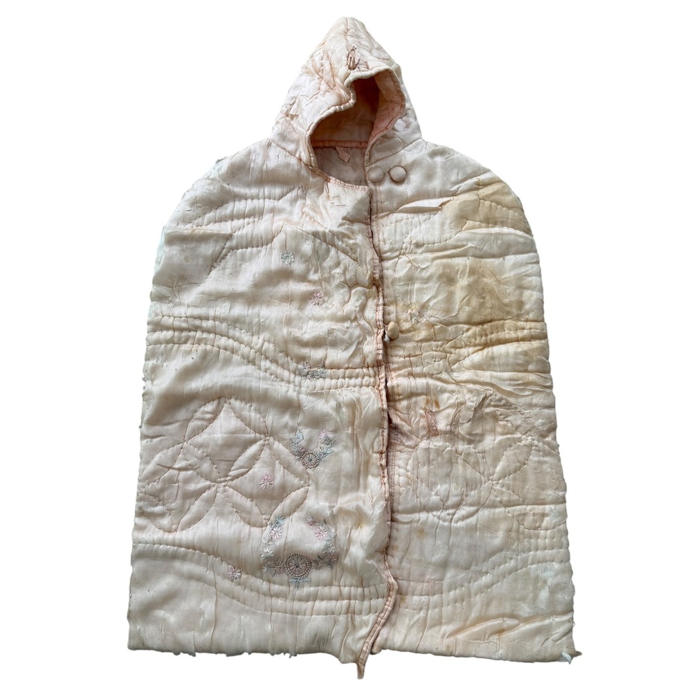 Antique Silk Baby Bunting Hooded Carriage Wrap Quilted Embroidered OS Pink 1920